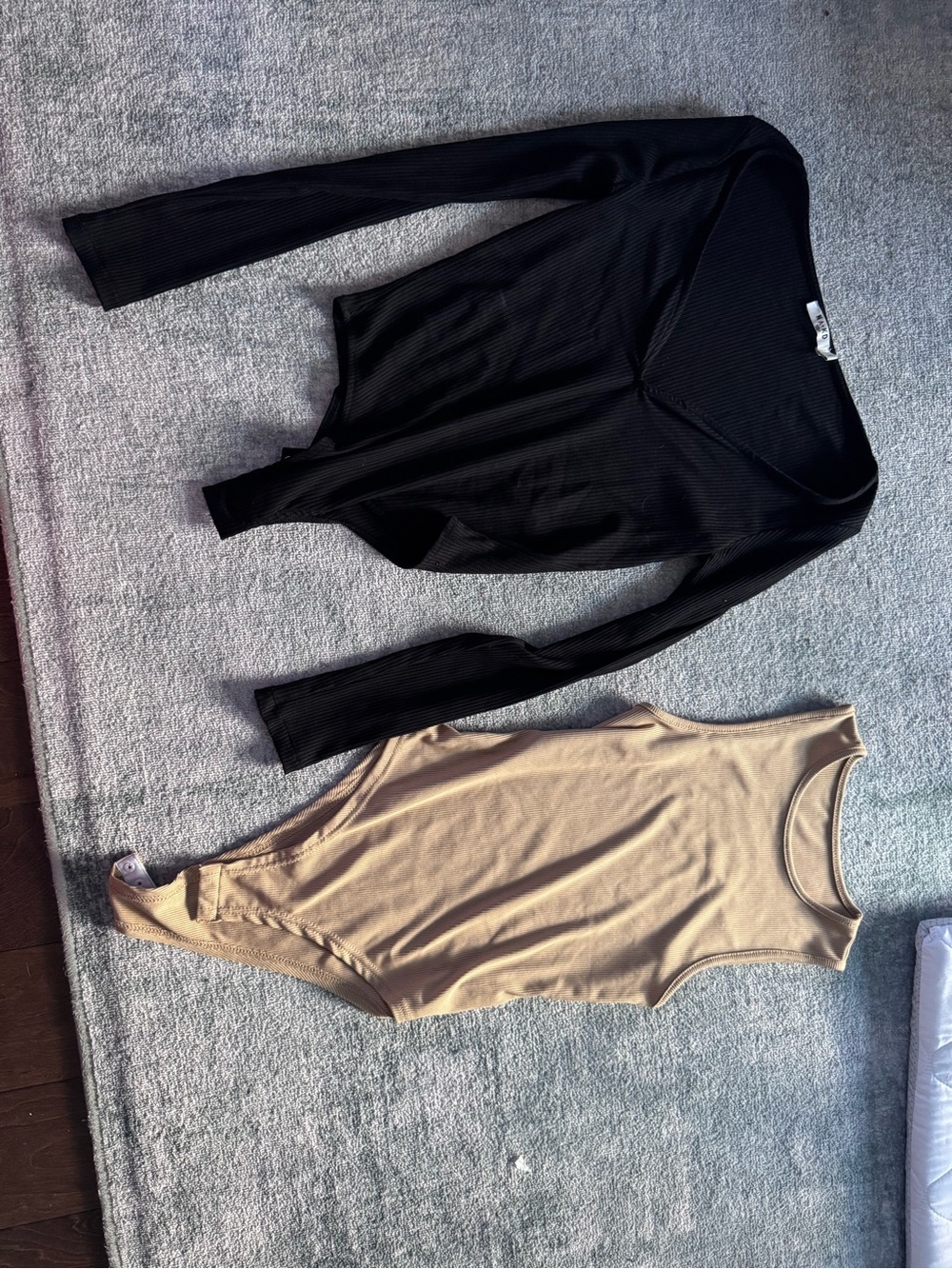Black Ribbed V-Neck Long Sleeve Top and Beige Sleeveless Bodysuit